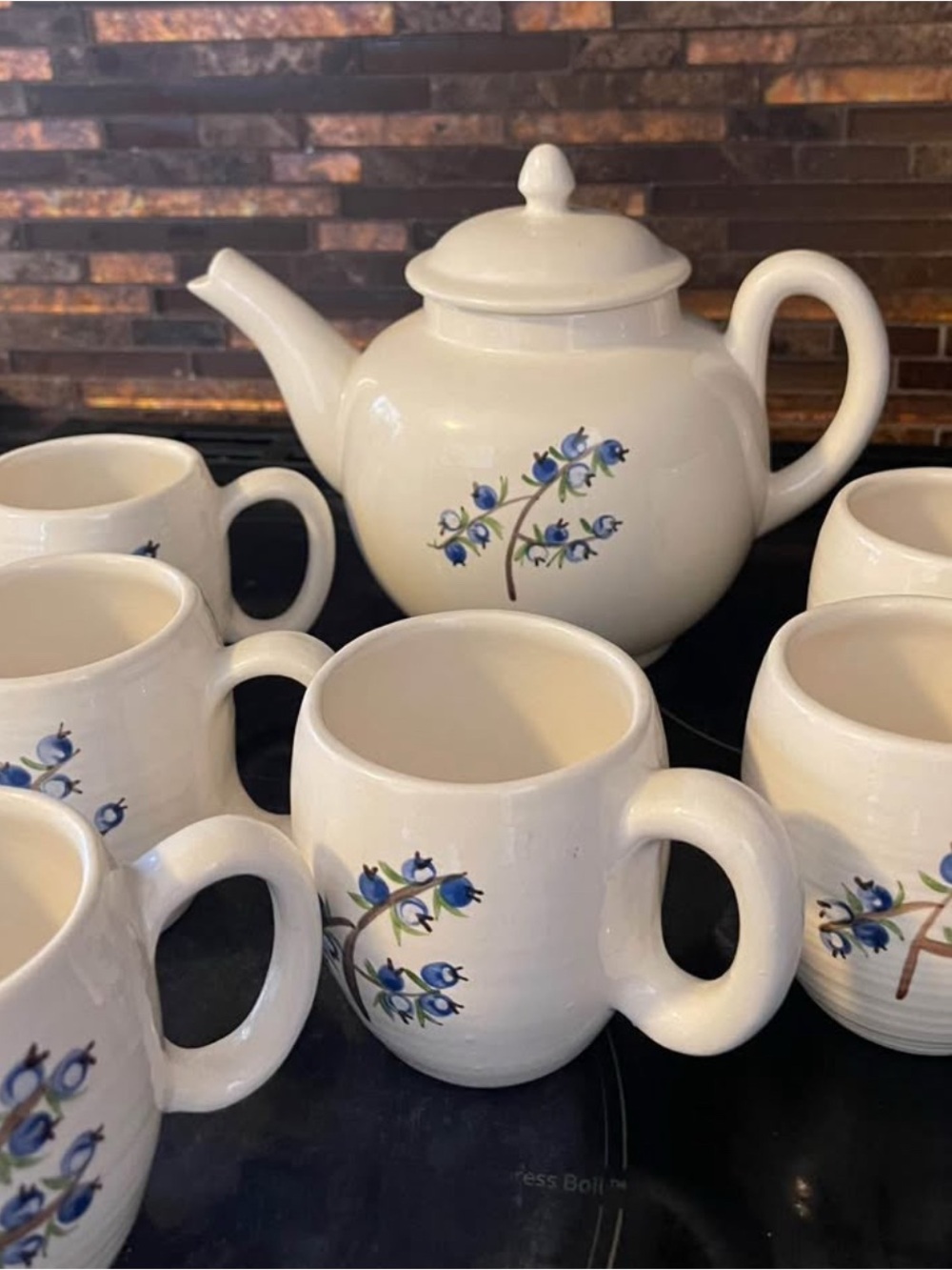 Signed Bar Harbor Pottery Teapot and 6 cups Blueberry - gorgeous!
